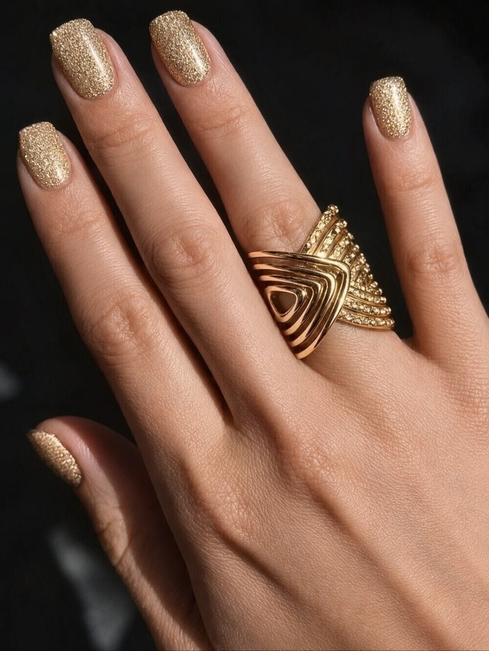 Geometric V Band Statement Ring 18K Gold Plated Art Deco Mob Wife Adj 8-10